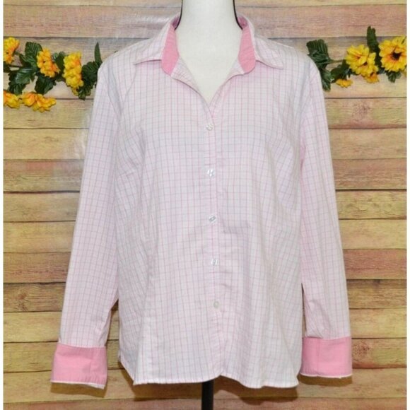 George Tops - George Ladies XL 16-18 Pink Plaid Button Up Long Sleeve Blouse Top Contrast Cuff